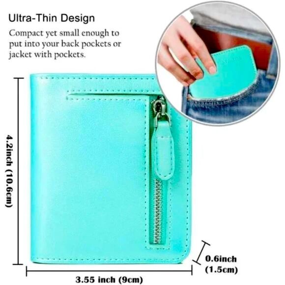 NEW Slim Wallets Cowhide Leather for Women, Natural Leather Caribbean Green - Picture 6 of 9